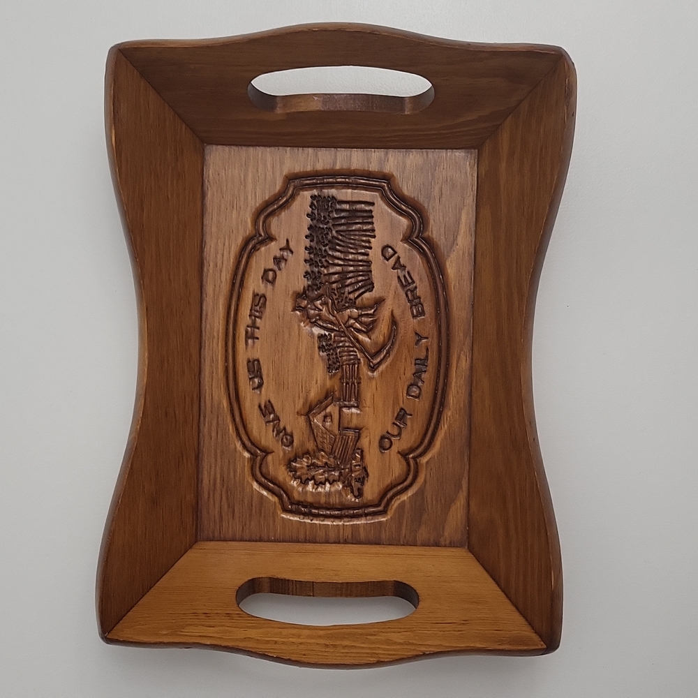 Carved, Wooden, Boho/Religious Breadbasket Tray.